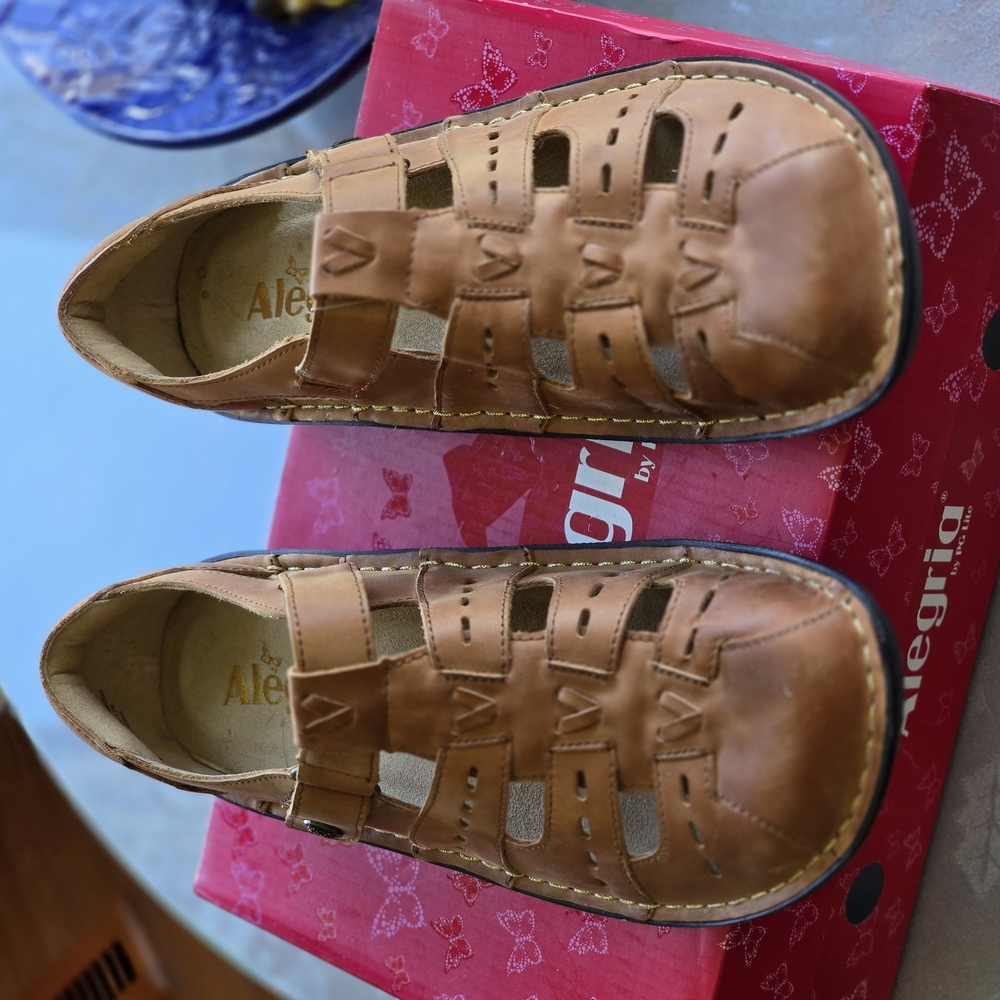 Alegria Tan Leather Cut-Out Sandals - Picture 6 of 6